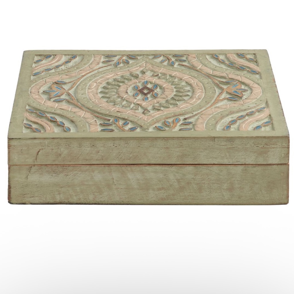 Green Geo Carved Wood Ashanti Storage Box
